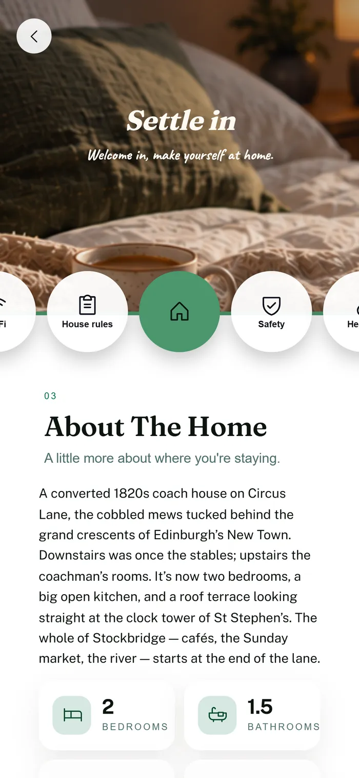 The home: a little about the house, its bedrooms and bathrooms.