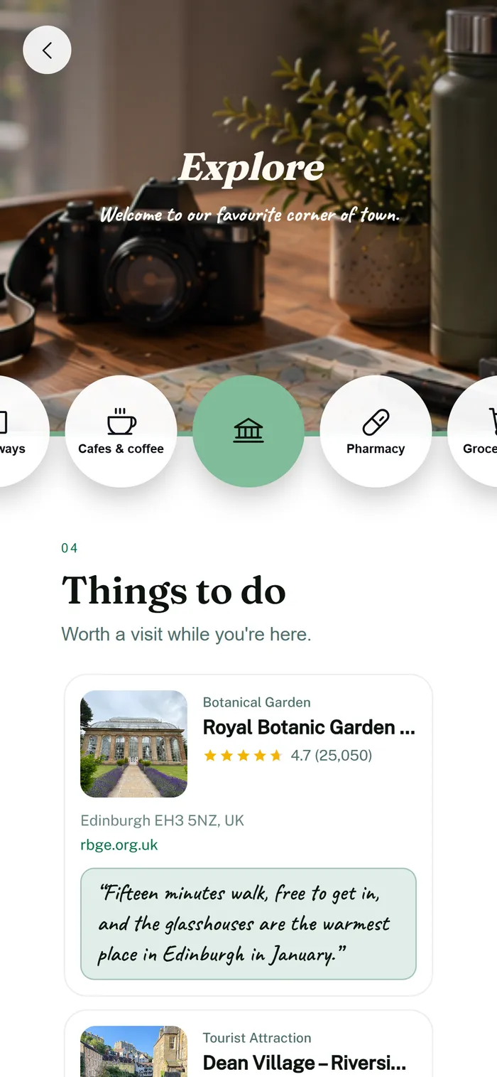 Local favourites: nearby places to visit, with the host's own note.
