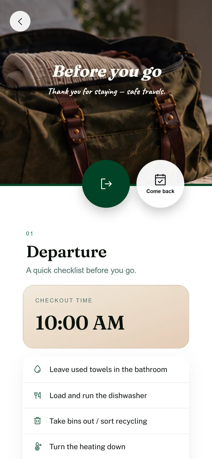 Before you go: checkout time and the departure checklist.