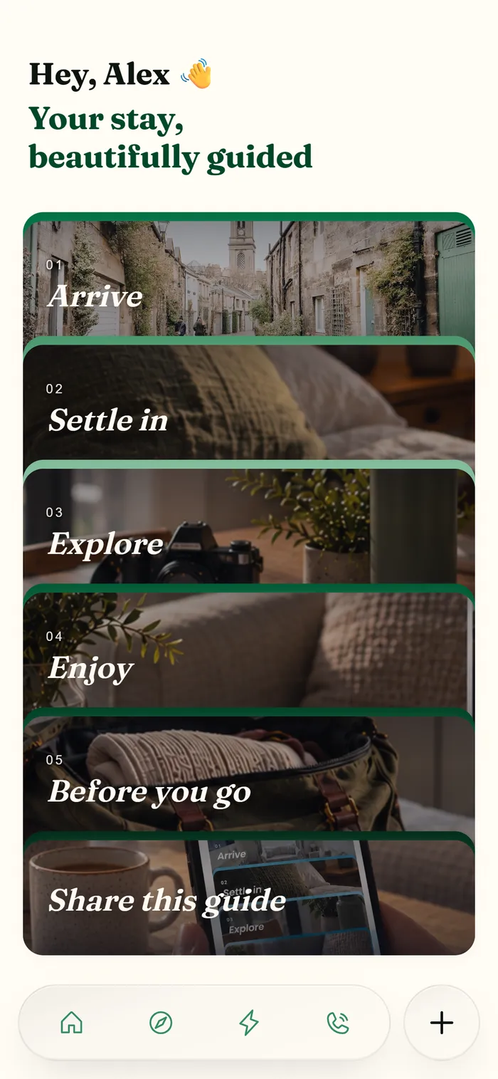 The home screen of a published guestbook: six sections, from Arrive to Share this guide.