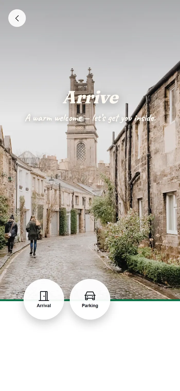 The Arrive page of a published guestbook: the lane outside, and the sections for getting in.